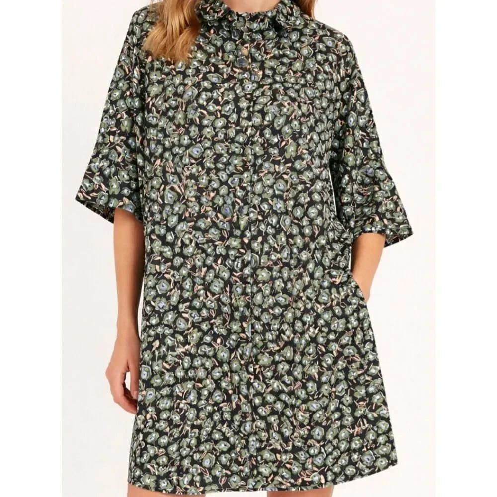Zara Womens Medium Shirt dress Green Blue Poplin Cotton Pockets